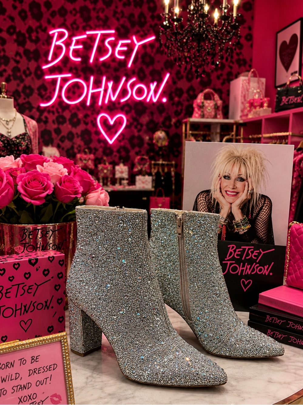 BETSEY JOHNSON SB Cady Ankle Boots Silver Rhinestones Pointed Toe Block Heel 8